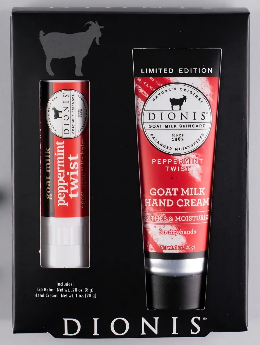 Dionis Goat Milk Christmas Peppermint Twist Lip Balm & Hand Cream Gift Set